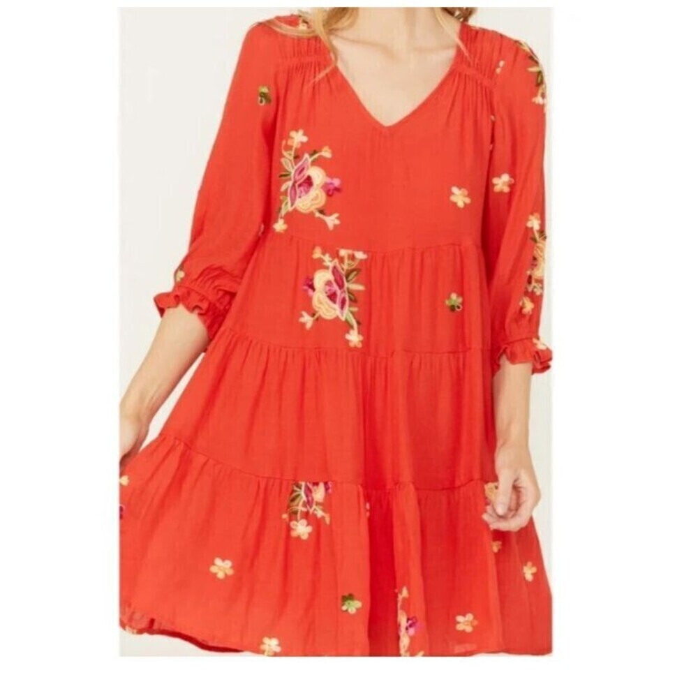 Figueroa Flower Women's Floral Embroidered Tiered Dress Red Small Short‎ Sleeve